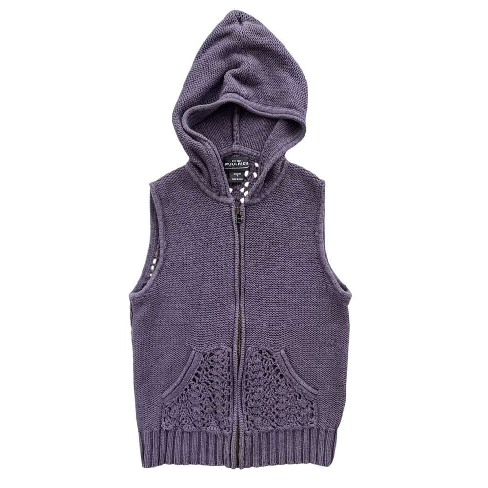 Woolrich Vintage Womens Small Plum Hood Full Zip Crochet Knit Sweater Vest 13506